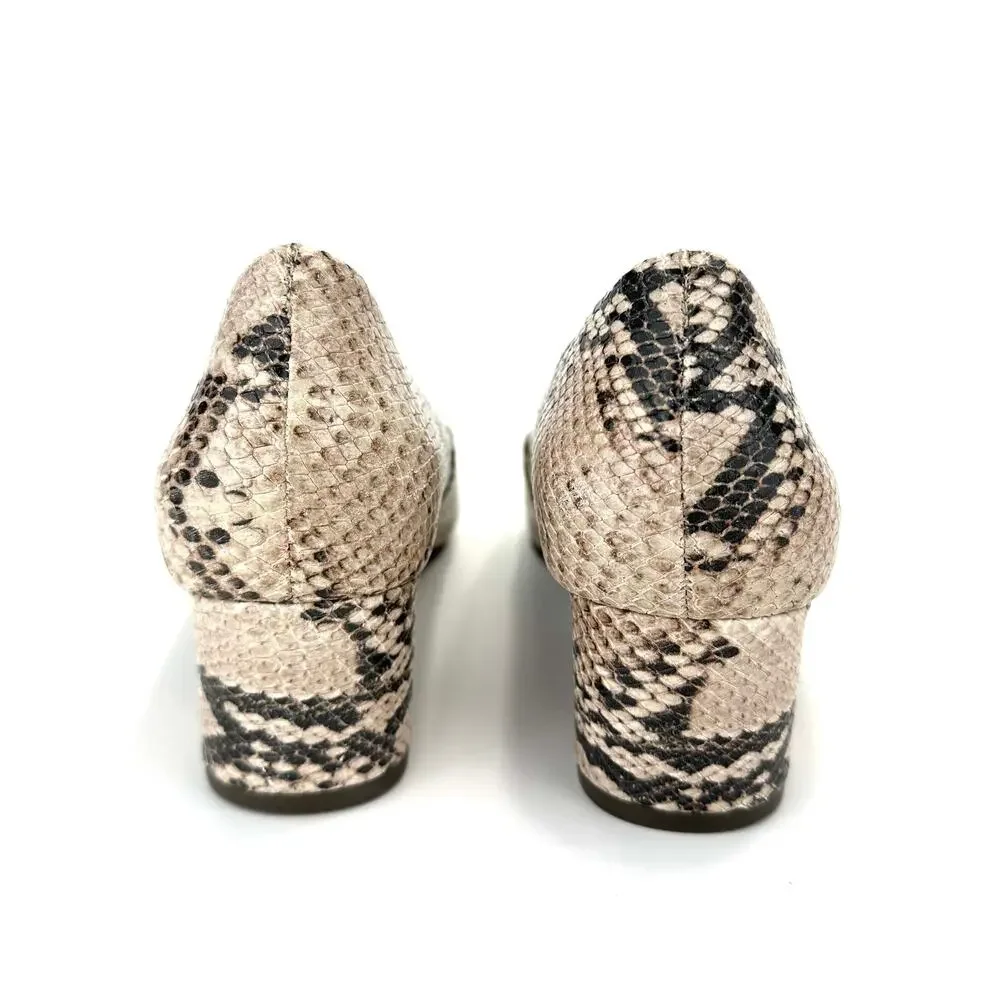 Tory Burch Block Heel Pump Sz 10M Tan Brown Snake Print Leather Closed Round Toe